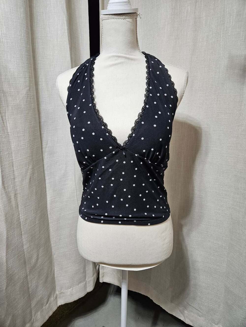 Pink Rose Black and White Polka Dot Halter Crop Top with Lace Trim